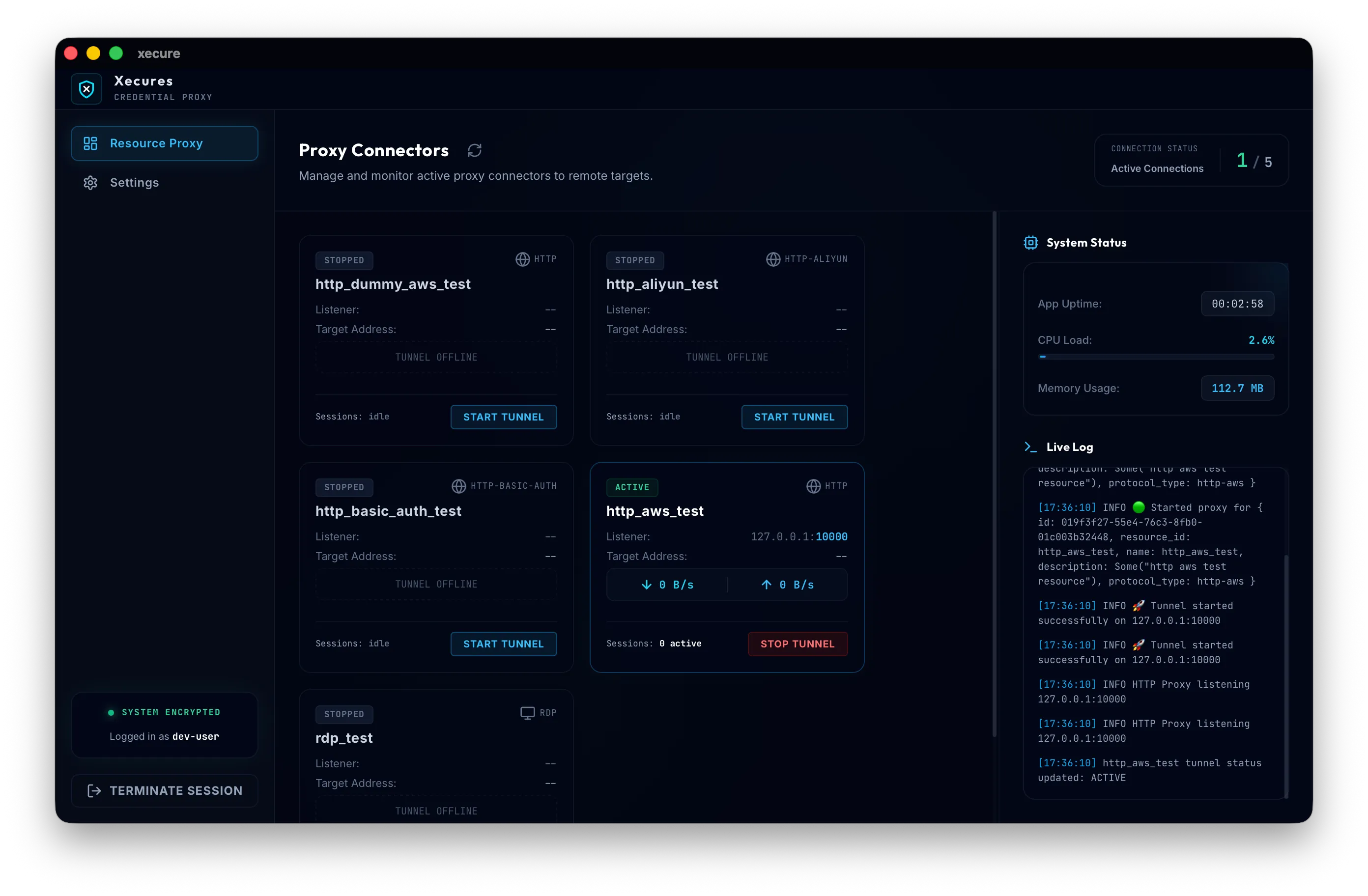 Xecure Desktop GUI - Proxy Connectors Active Tunnel